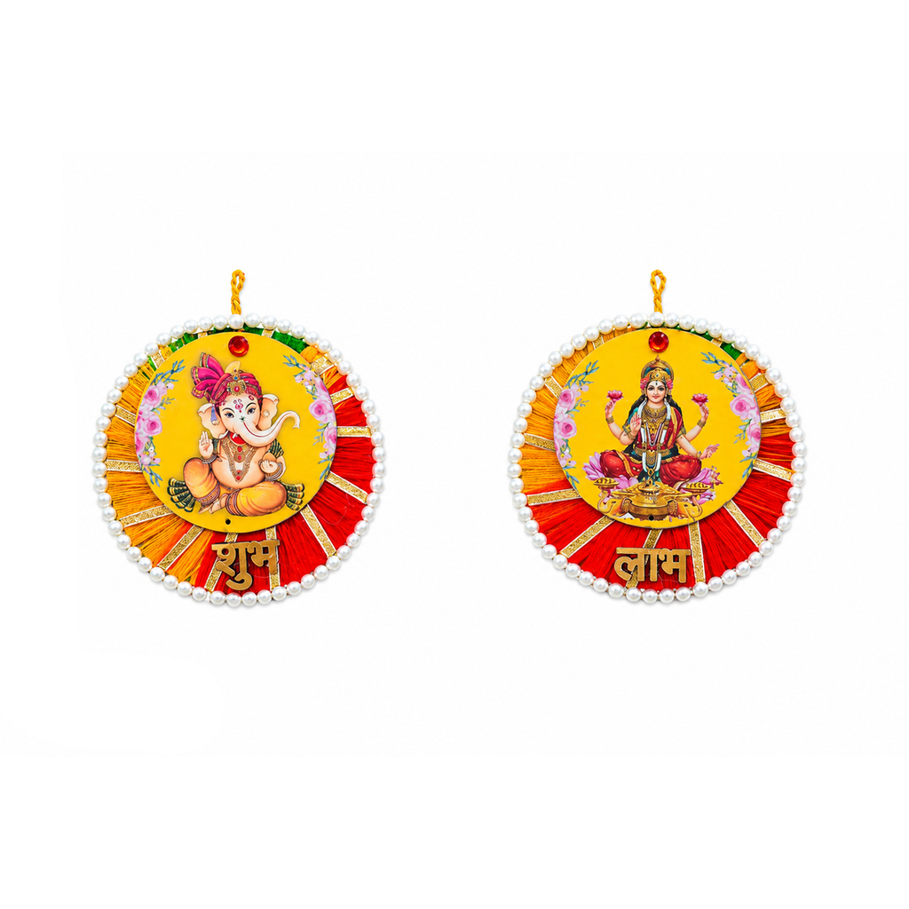 Ethnic Ganesha Lakshmi Door Hanging – 13 cm Reusable Traditional Signage for Entrance, Housewarming & Festive Home Decor, (Set of 2, Multicolour)
