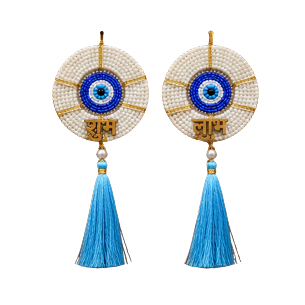 Decorative Evil Eye Shubh Labh Door Hanging – 16 cm Traditional Wall Decor with Tassels, Protection, Diwali, Housewarming & Festive Home Ornament (Set of 2)