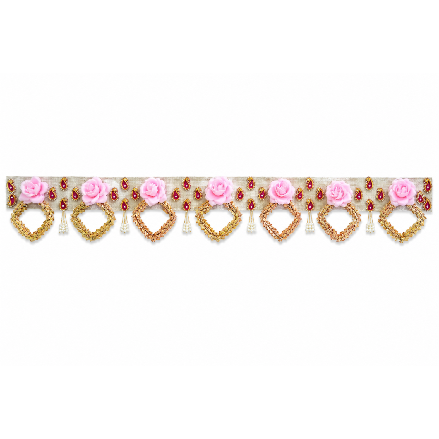 Handmade Decorative Door Toran - 100 cm Traditional Bandhanwar with Pink Floral Accents, Pearl Tassels, and Stone Work for Main Entrance, Pooja Room, and Festive Home Decor