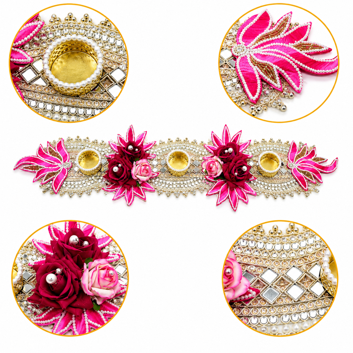 Pink Decorative Tealight Candle Holder Table Runner – 55 cm Handcrafted Floral Diya Stand with Mirror & Pearl Work for Diwali, Pooja & Home Decor