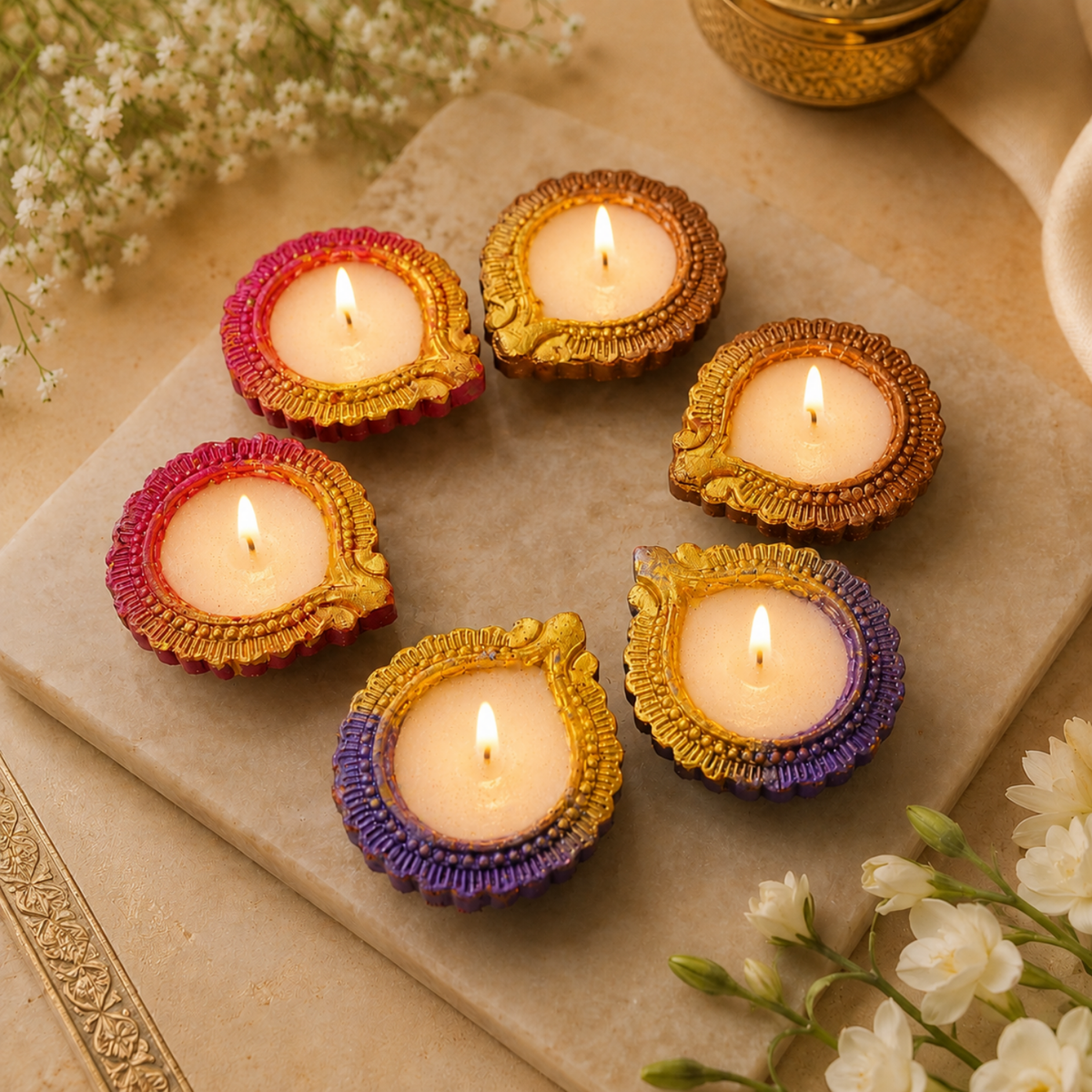 Handcrafted Lotus Terracotta Diya Candle Set of 6 – Colorful Wax Filled Clay Diyas for Diwali Pooja & Festive Home Decor