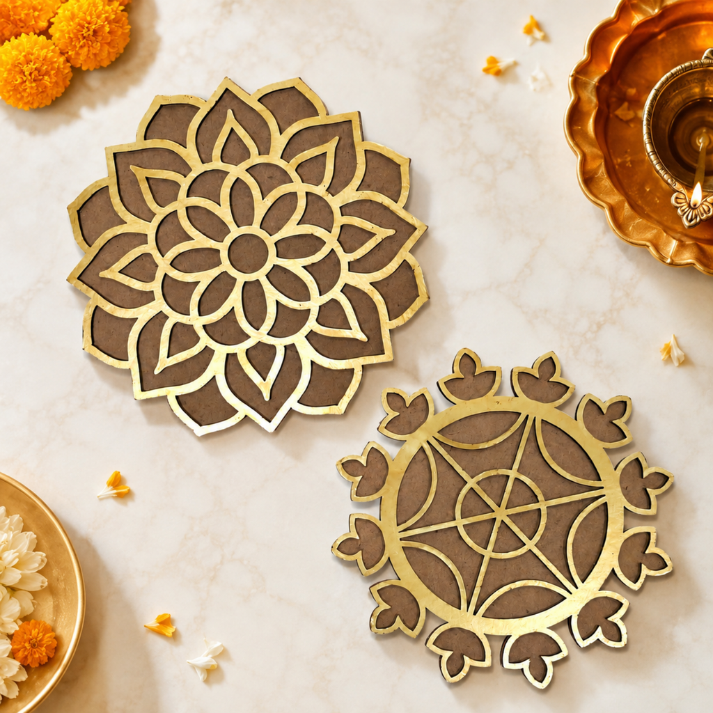 Wooden Lotus Mandala Rangoli Base Cutout for DIY Painting & Diwali Home Decor – 15cm Reusable MDF Stencil Board for Pooja Mandir, Festive Craft Art & Entrance Decoration (Pack of 2)