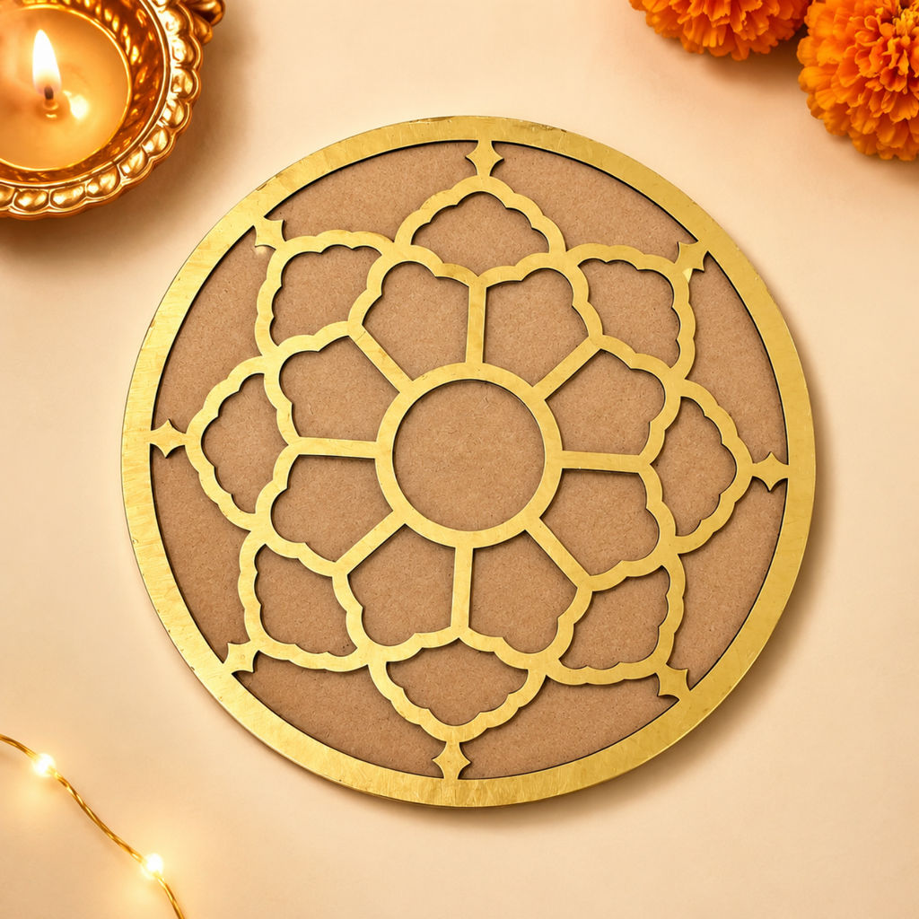 Wooden Rangoli Stencil for Floor Decoration | 15cm Round MDF Mandala Template for Diwali, Pooja Mandir & Festivals | Reusable DIY Colour Fill Art Board for Home Entrance