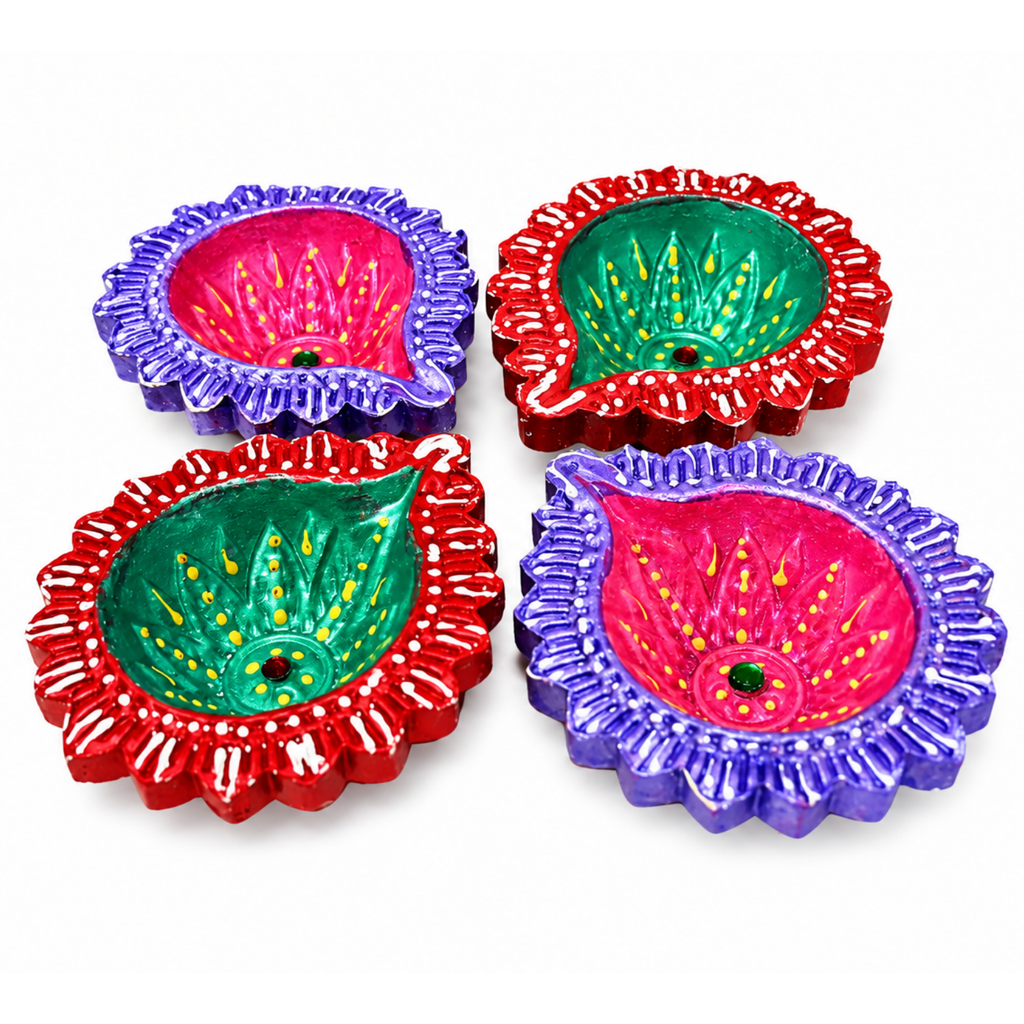 Handcrafted Hand-Painted Terracotta Diya Set of 4 – Decorative Clay Oil Lamps for Diwali & Pooja Decor (8.5 cm)