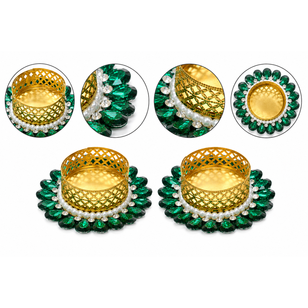 Decor Golden Metal Tealight Candle Holders with Stone and Pearl Embellishments, Decorative Diya for Diwali, Pooja Mandir, Home Decor, and Festival Gifting