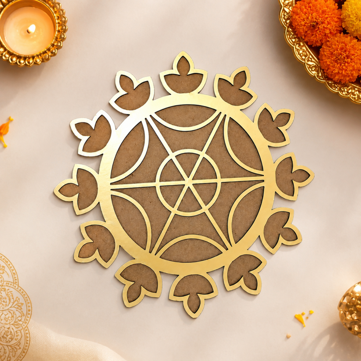 Wooden Rangoli Cutout for Floor Decoration | 20cm Gold Finish MDF Mandala Stencil Template for Diwali, Pooja Mandir, Home Entrance & Festive Craft Art