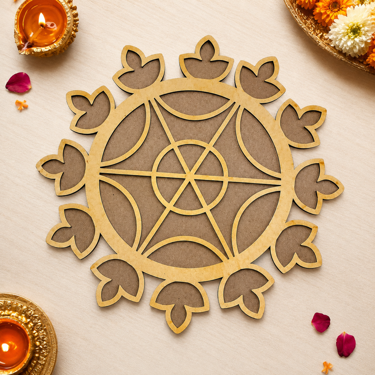 Wooden Rangoli Stencil for Floor Decoration | 30cm Large MDF Mandala Template Board for Diwali, Pooja Mandir, Home Entrance & Festive Craft Art