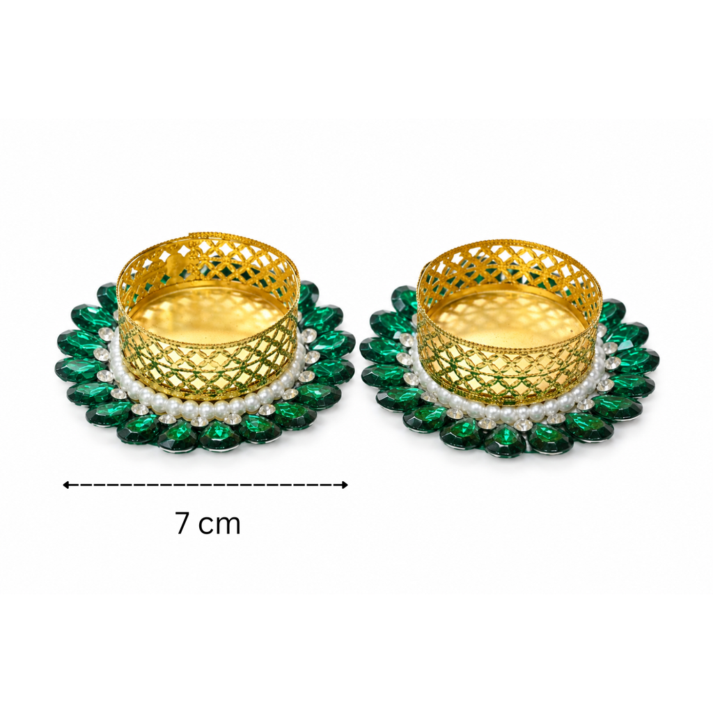 Decor Golden Metal Tealight Candle Holders with Stone and Pearl Embellishments, Decorative Diya for Diwali, Pooja Mandir, Home Decor, and Festival Gifting