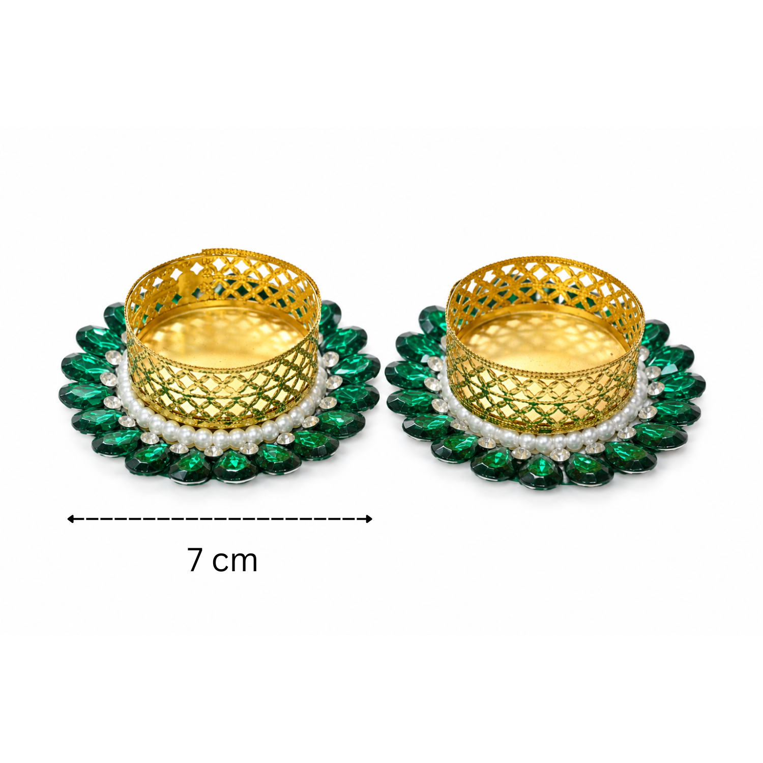 Decor Golden Metal Tealight Candle Holders with Stone and Pearl Embellishments, Decorative Diya for Diwali, Pooja Mandir, Home Decor, and Festival Gifting