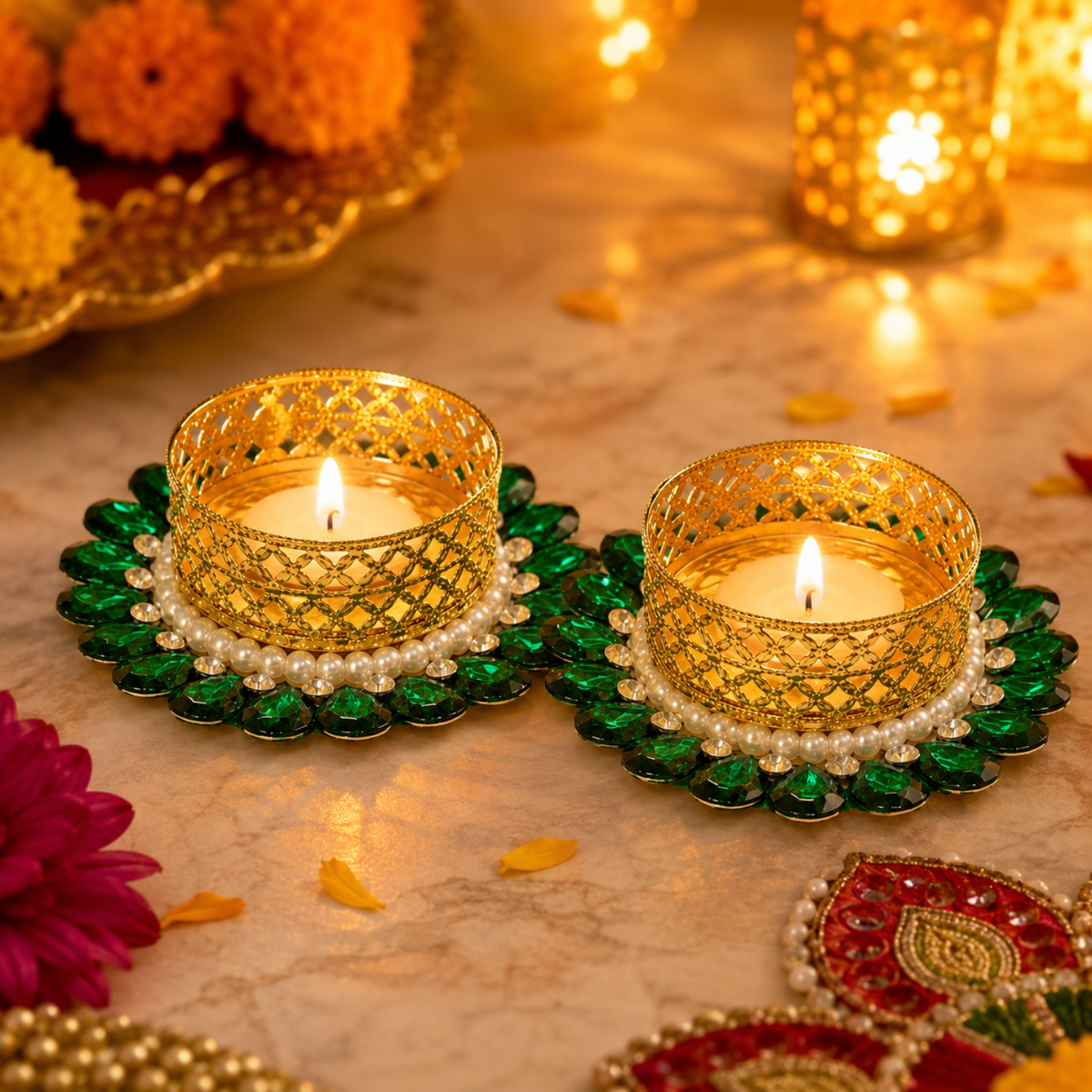 Decor Golden Metal Tealight Candle Holders with Stone and Pearl Embellishments, Decorative Diya for Diwali, Pooja Mandir, Home Decor, and Festival Gifting