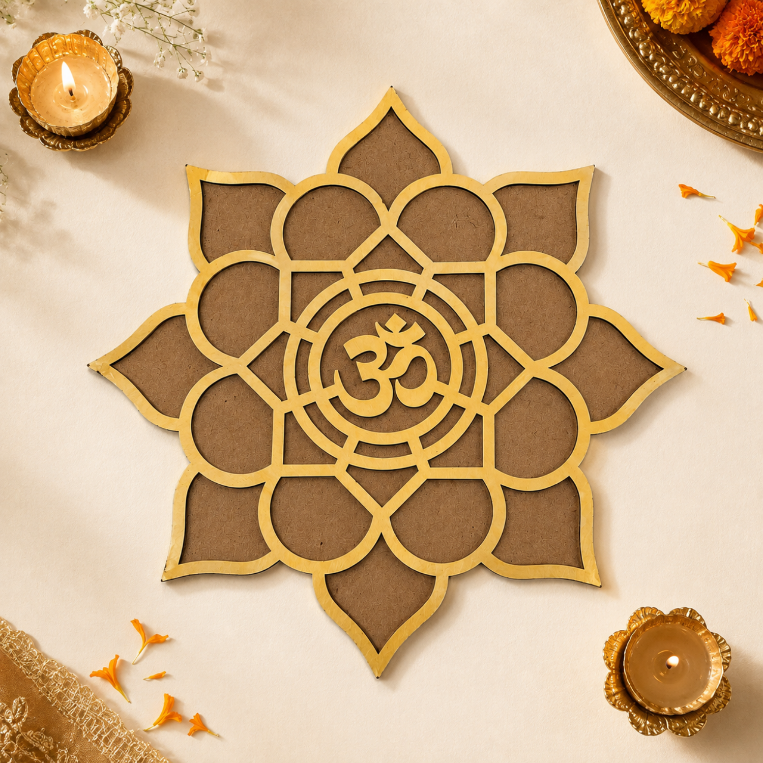 Lotus Om MDF Wall Decor – 20 cm Intricate Spiritual Laser Cut Artwork for Pooja Room, Living Room, Yoga Space & Meditation Decor | DIY Paintable Wooden Hanging Accent for Home & Festival Gifting