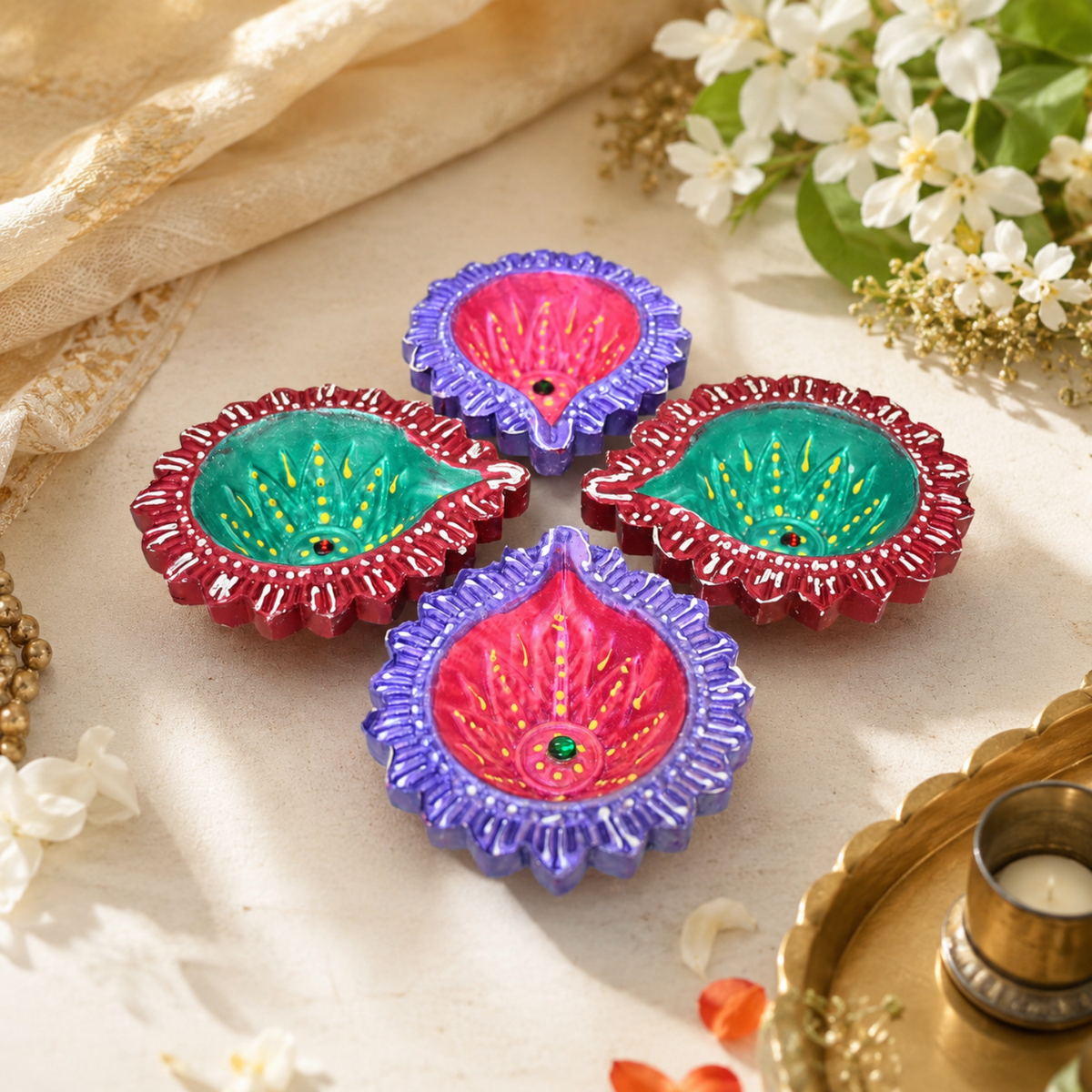 Handcrafted Hand-Painted Terracotta Diya Set of 4 – Decorative Clay Oil Lamps for Diwali & Pooja Decor (8.5 cm)