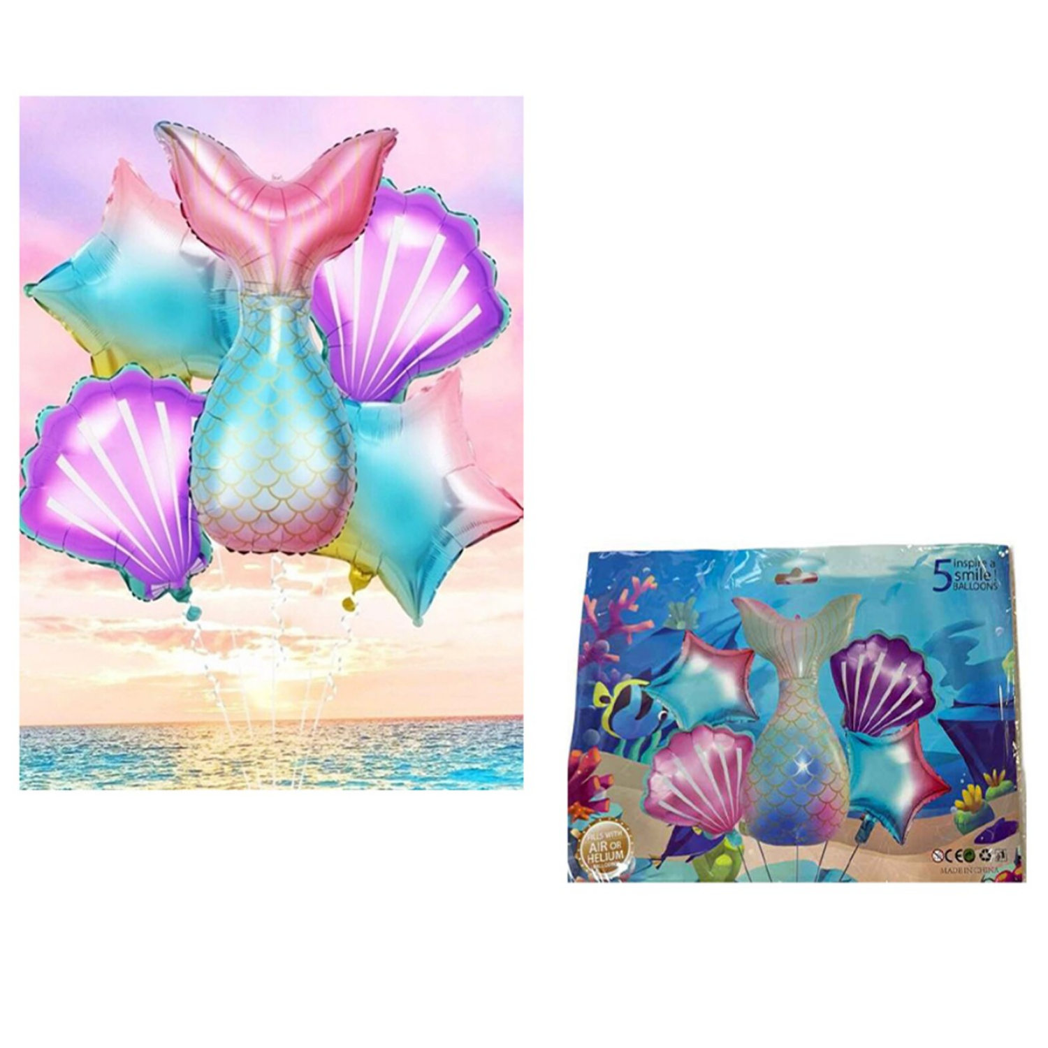 Mermaid Tail Balloon Set - 5 Pcs Foil Balloon Kit with Shell & Star Shapes for Under the Sea Theme Birthday Decorations 3