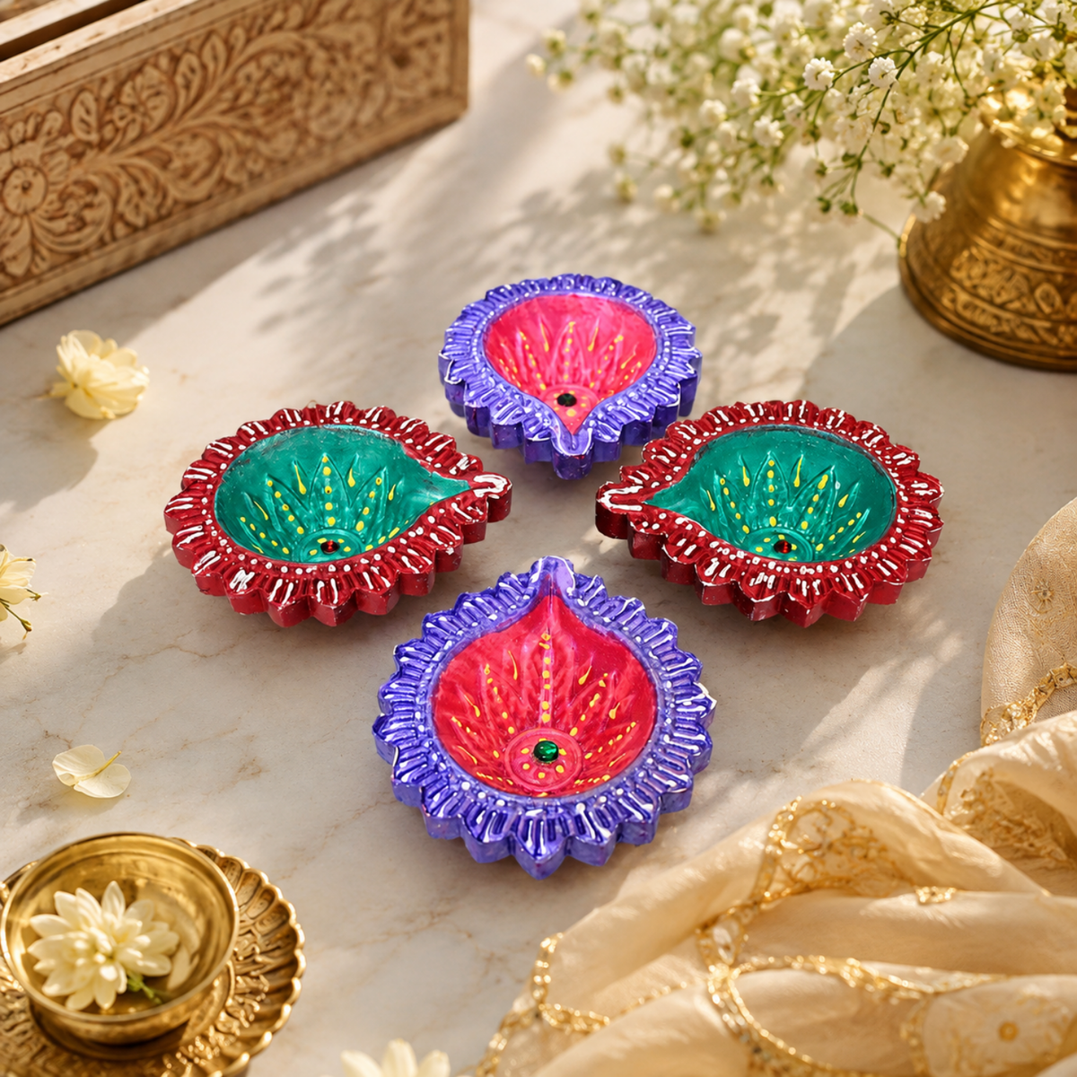 Handcrafted Hand-Painted Terracotta Diya Set of 4 – Decorative Clay Oil Lamps for Diwali & Pooja Decor (8.5 cm)