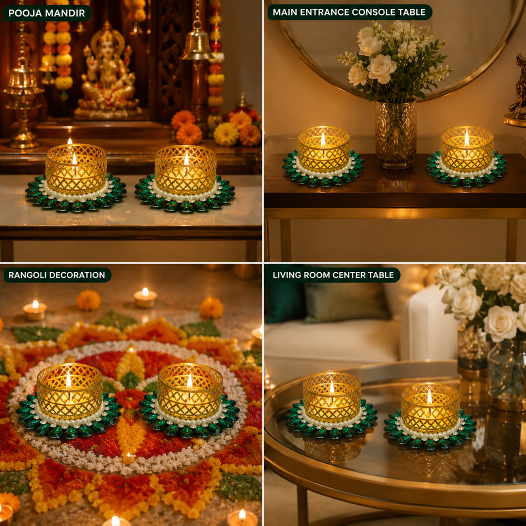 Decor Golden Metal Tealight Candle Holders with Stone and Pearl Embellishments, Decorative Diya for Diwali, Pooja Mandir, Home Decor, and Festival Gifting