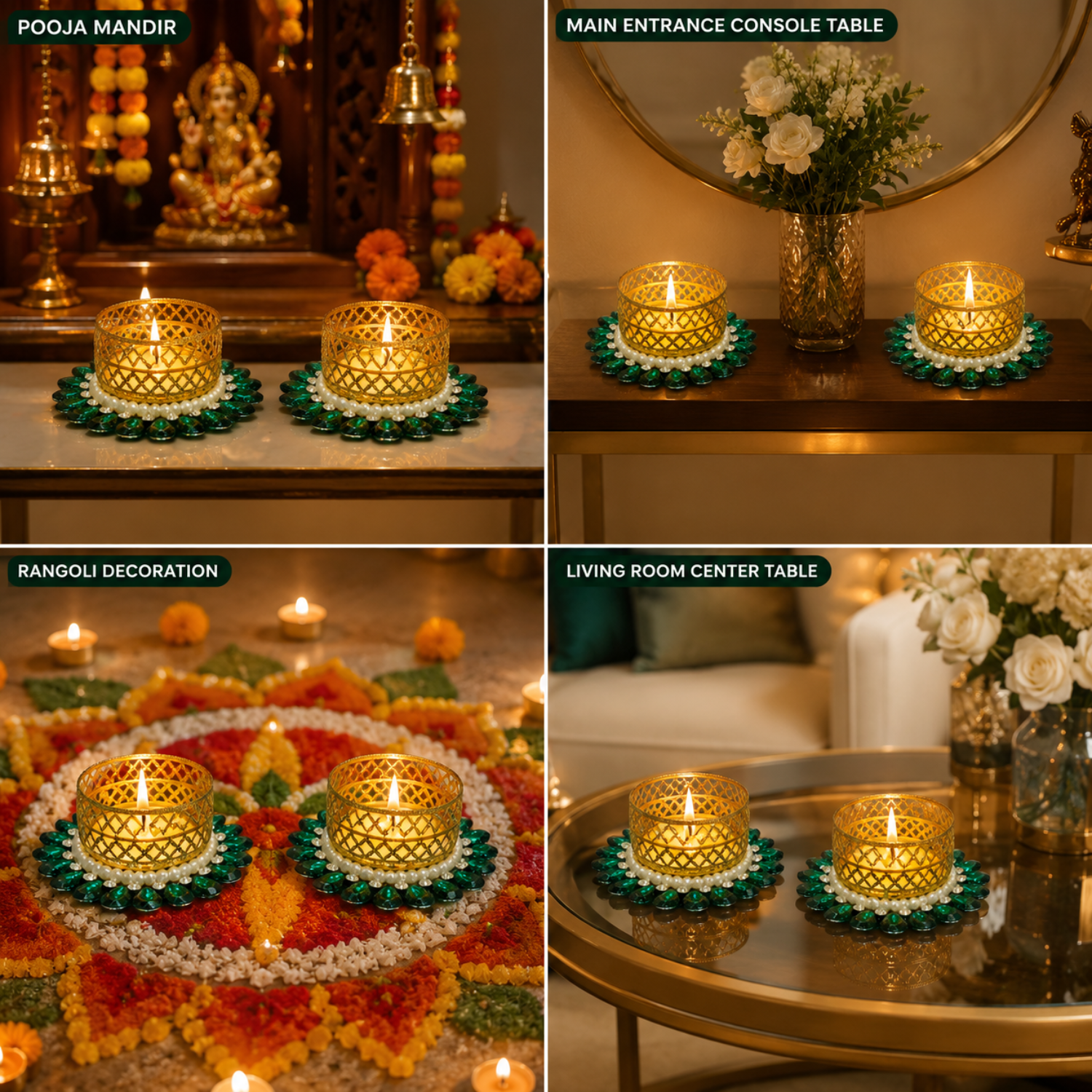 Decor Golden Metal Tealight Candle Holders with Stone and Pearl Embellishments, Decorative Diya for Diwali, Pooja Mandir, Home Decor, and Festival Gifting