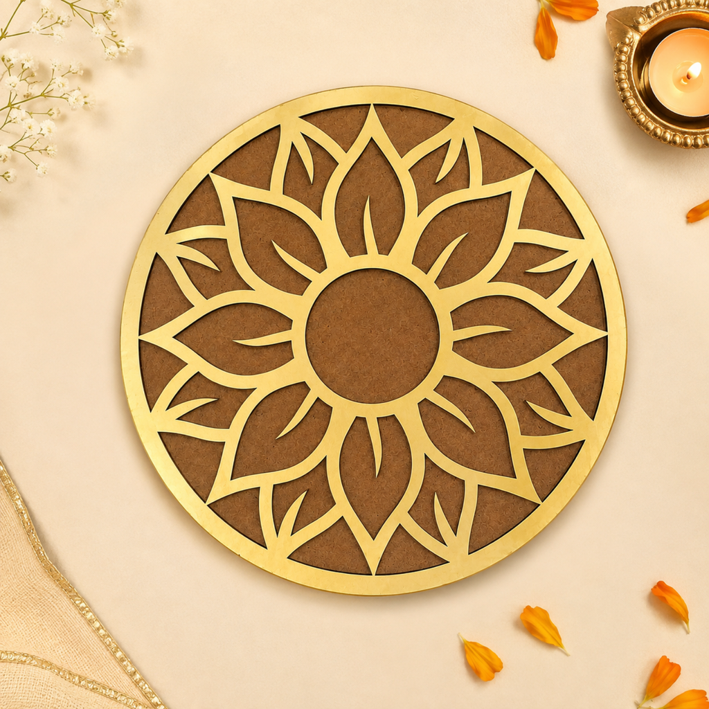 Flower Design Rangoli Mat – 20 cm Round Wooden MDF Decorative Centerpiece for Pooja Room, Dining Table & Festival Gifting | DIY Paintable Protective Surface Accent for Diwali & Home Decor