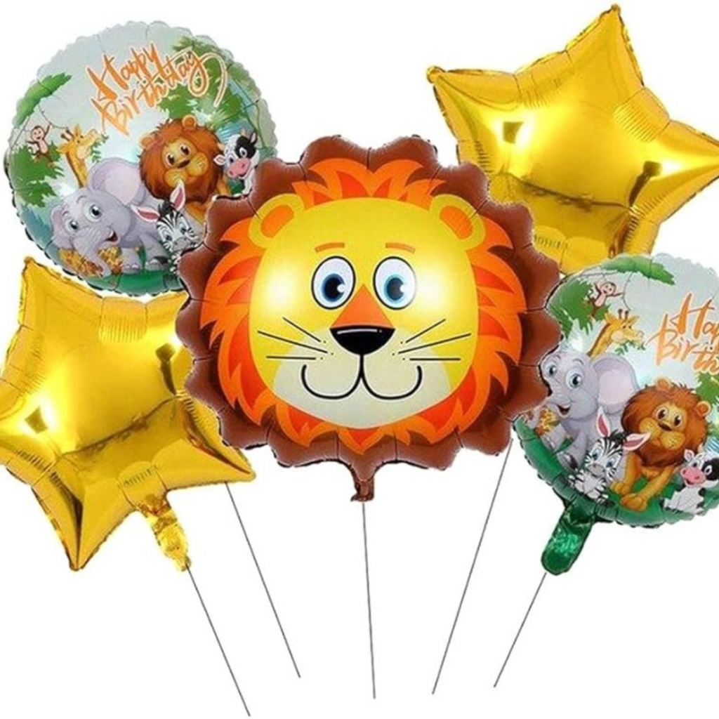 5-Piece Safari Jungle Theme Birthday Balloon Set - Large Lion Foil Balloon, Gold Stars, and Animal Happy Birthday Mylar Balloons for Kids' Party Decorations 1
