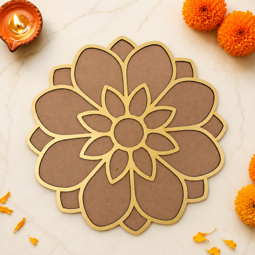 DIY Flower Rangoli Stencil – 30 cm Reusable Wooden MDF Floral Template for Floor & Table Decor | Easy Paintable Festive Art Accent for Diwali, Parties & Home Decoration