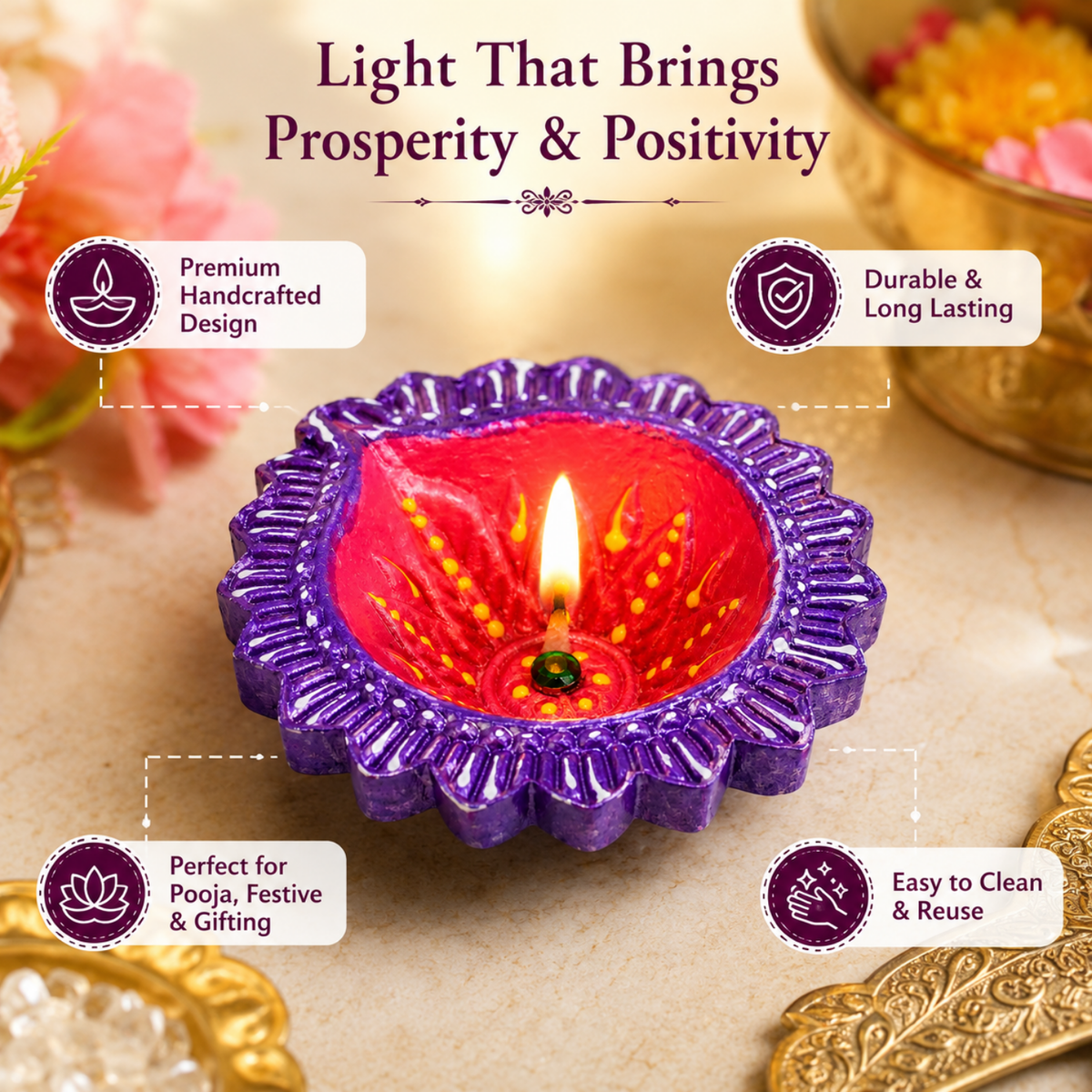 Handcrafted Hand-Painted Terracotta Diya Set of 4 – Decorative Clay Oil Lamps for Diwali & Pooja Decor (8.5 cm)