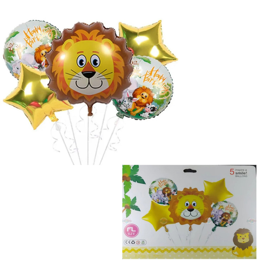 5-Piece Safari Jungle Theme Birthday Balloon Set - Large Lion Foil Balloon, Gold Stars, and Animal Happy Birthday Mylar Balloons for Kids' Party Decorations 3