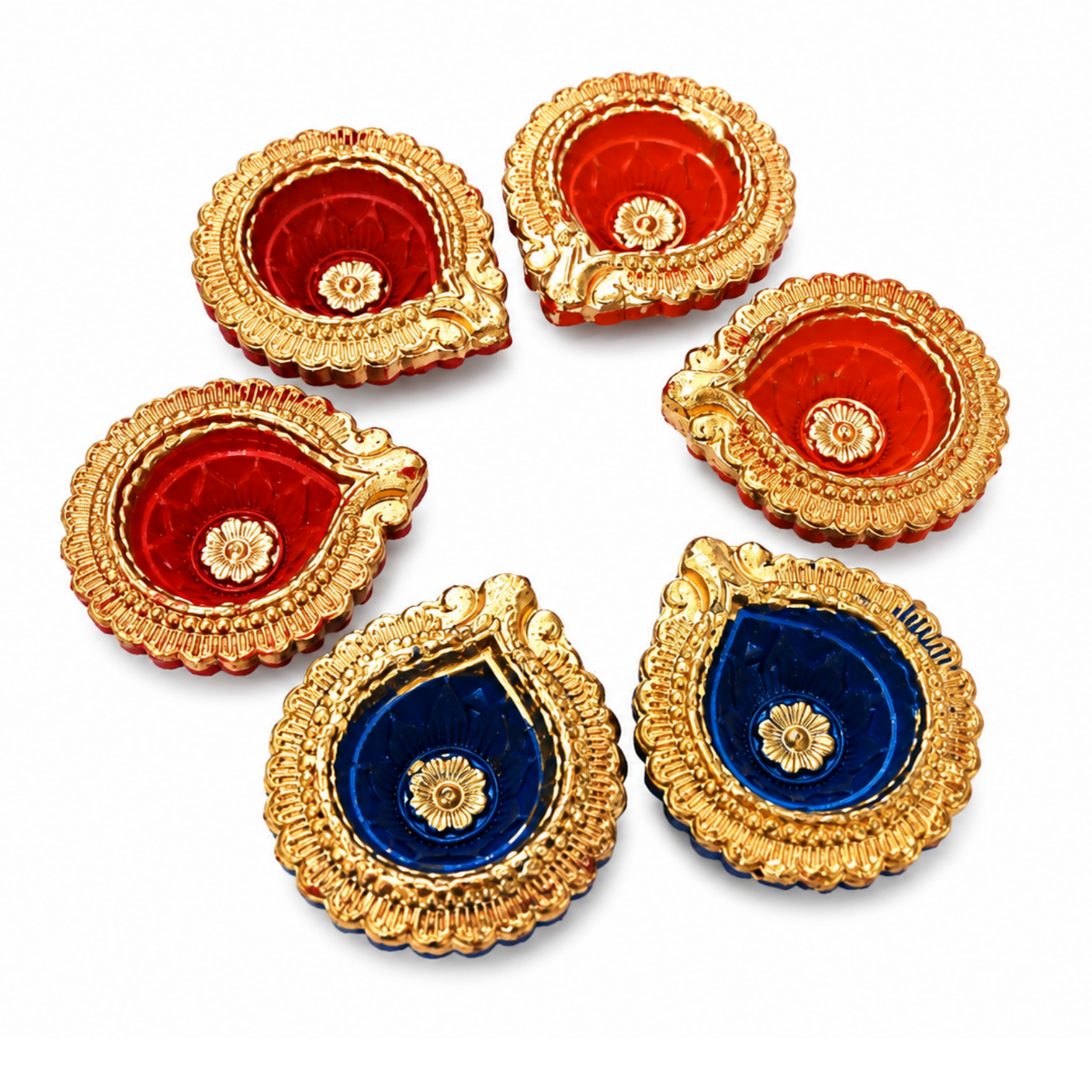 Handcrafted Decorative Designer Clay Diyas (Set of 6, 6.5 cm) – Traditional Golden Border Painted Diya Set for Diwali & Pooja Decoration