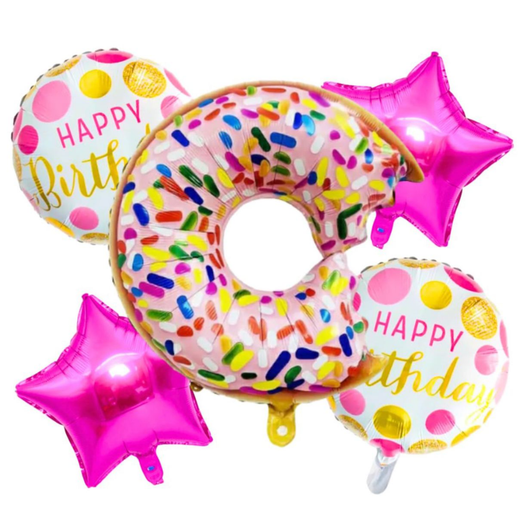 Sweet Donut Party Balloon Bouquet - Pink & Gold Sprinkles Foil Balloons - Set of 5 Birthday Decoration Items for Kids & Girls' Parties 1