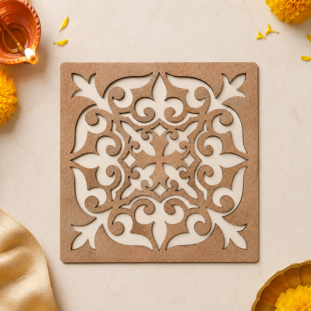 Square Rangoli Stencil – 30 cm Reusable MDF Wooden Cutout Template for Floor Decor & Painting | Intricate Ethnic Design Art Blank for Diwali, Festivals & DIY Home Decoration