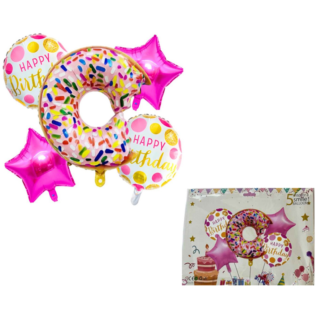 Sweet Donut Party Balloon Bouquet - Pink & Gold Sprinkles Foil Balloons - Set of 5 Birthday Decoration Items for Kids & Girls' Parties 3