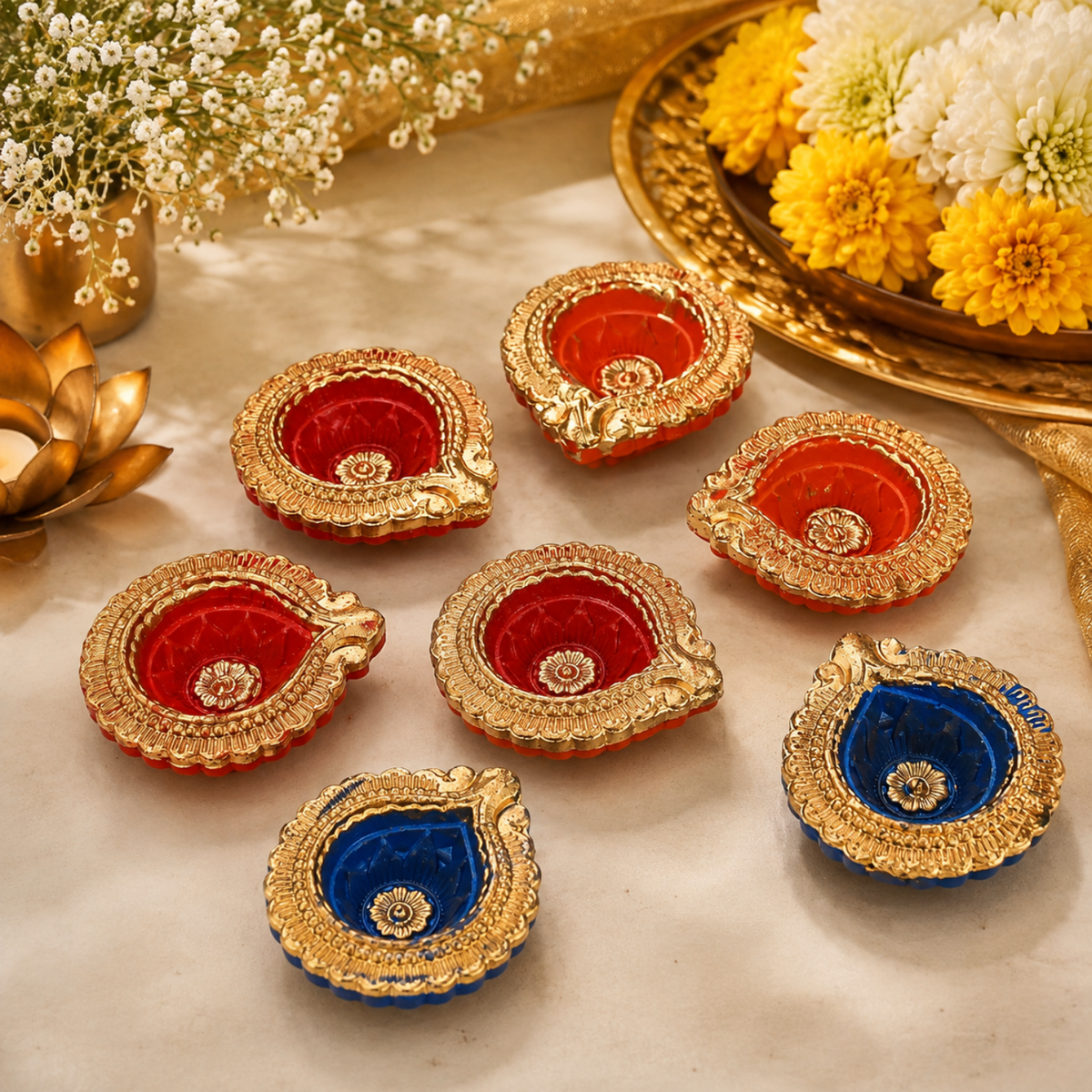 Handcrafted Decorative Designer Clay Diyas (Set of 6, 6.5 cm) – Traditional Golden Border Painted Diya Set for Diwali & Pooja Decoration