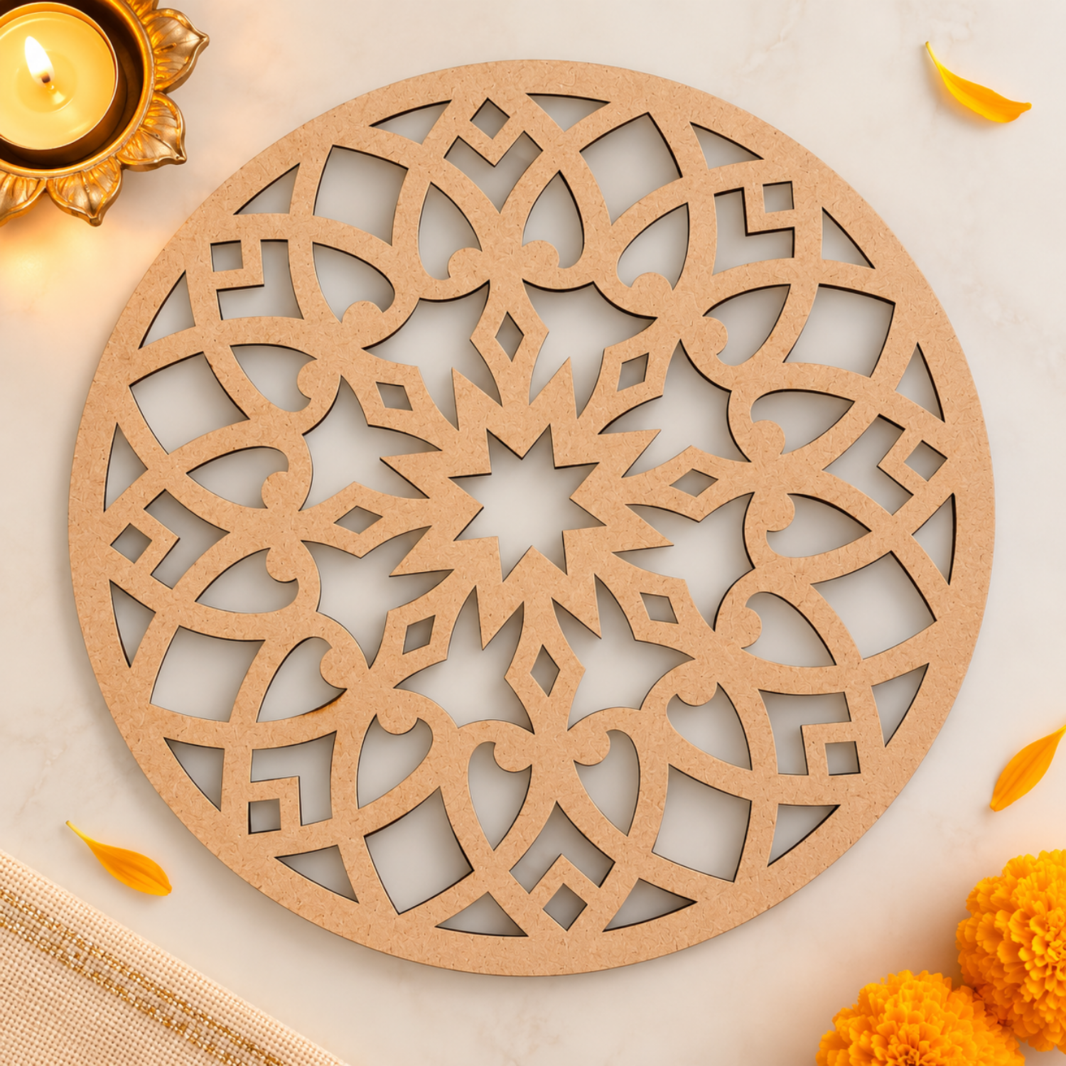 Round Rangoli Stencil – 30 cm Reusable MDF Wooden Cutout Template for Floor Decor & Painting | Intricate Mandala Art Blank for Diwali, Festivals & DIY Home Decoration