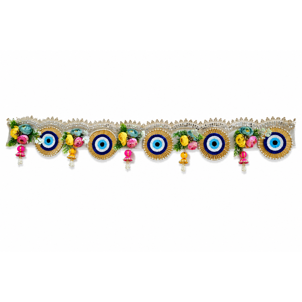Handmade Decorative Evil Eye Door Toran - 100 cm Traditional Bandhanwar with Floral Accents, Colorful Tassels, and Mirror Work for Main Entrance, Pooja Room & Festive Home Decor