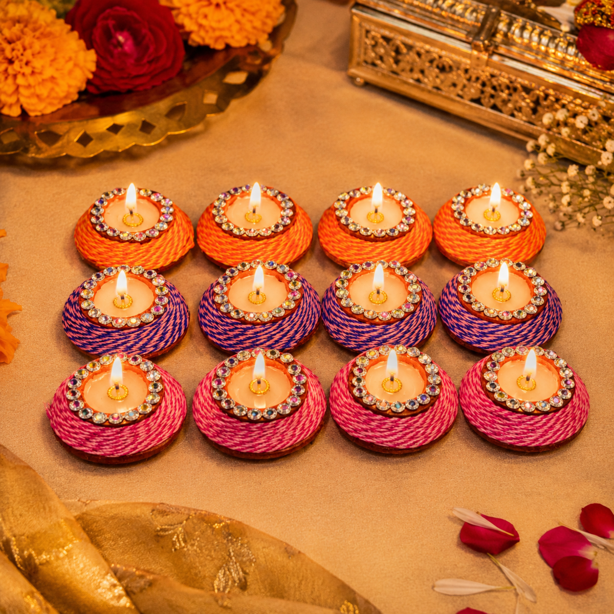 Diacraft Handcrafted Thread & Stone Wax Diya Set (Pack of 12) – Colorful Decorative Clay Wax Diyas with Rhinestone Accents for Diwali, Pooja & Festive Gifting