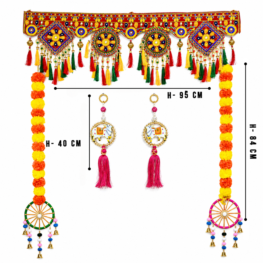 Traditional Ethnic Door Toran with Decorative Cow Hangings & Marigold Strings – Handmade Festive Home Decor for Diwali, Wedding, and Mandir Entrance