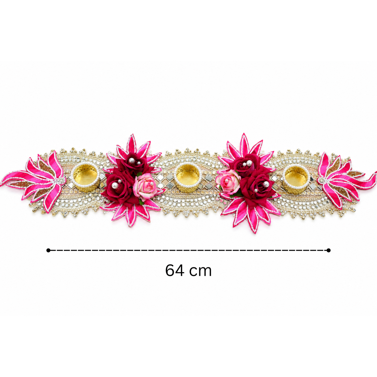 Pink Decorative Tealight Candle Holder Table Runner – 55 cm Handcrafted Floral Diya Stand with Mirror & Pearl Work for Diwali, Pooja & Home Decor