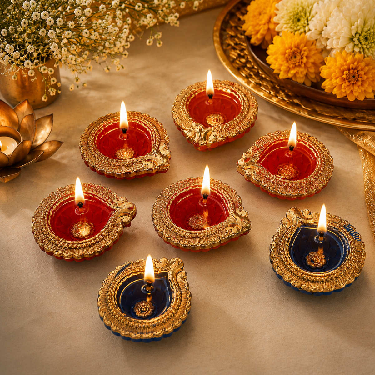 Handcrafted Decorative Designer Clay Diyas (Set of 6, 6.5 cm) – Traditional Golden Border Painted Diya Set for Diwali & Pooja Decoration