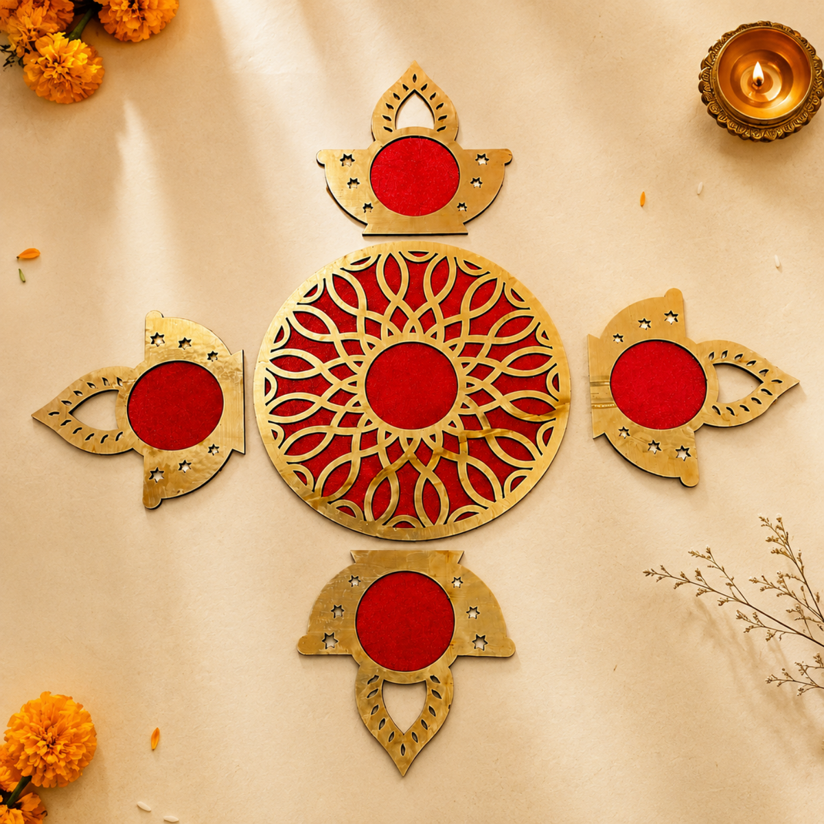 Decorative Rangoli Set with Diya Cutouts – 14 cm Round MDF Wooden Base with Red Velvet Finish for Floor Decor, Pooja & Festivals | DIY Festive Art Accent for Diwali Home Decoration