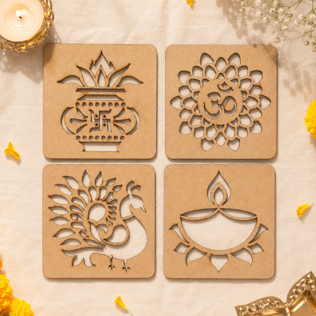 Rangoli Stencils Set of 4 – 9.5 x 9.5 cm Reusable MDF Wooden Cutout Templates for Floor Decor, Painting & Pooja | Traditional Mandala, Peacock, Diya & Kalash Designs for Diwali