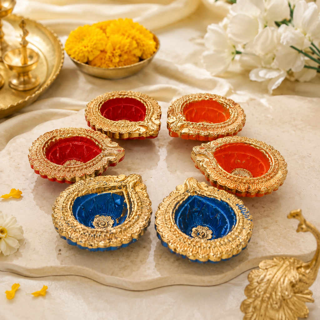 Handcrafted Decorative Designer Clay Diyas (Set of 6, 6.5 cm) – Traditional Golden Border Painted Diya Set for Diwali & Pooja Decoration