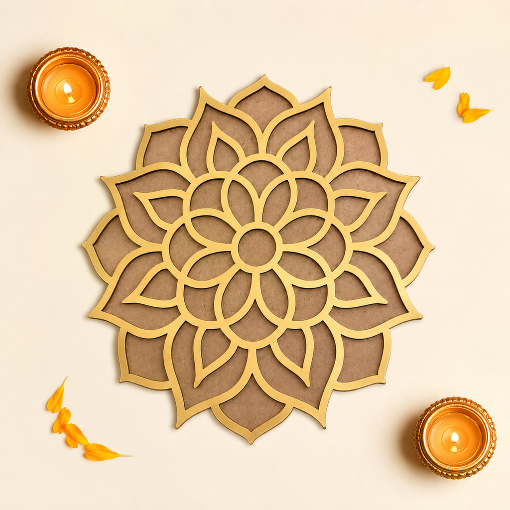 Lotus Rangoli Stencil – 30 cm Round MDF Wooden Cutout Template for Floor Decor, Painting & DIY Craft | Intricate Mandala Art Blank for Diwali, Pooja & Festive Home Decoration