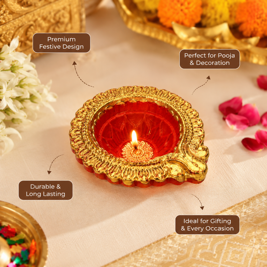 Handcrafted Decorative Designer Clay Diyas (Set of 6, 6.5 cm) – Traditional Golden Border Painted Diya Set for Diwali & Pooja Decoration