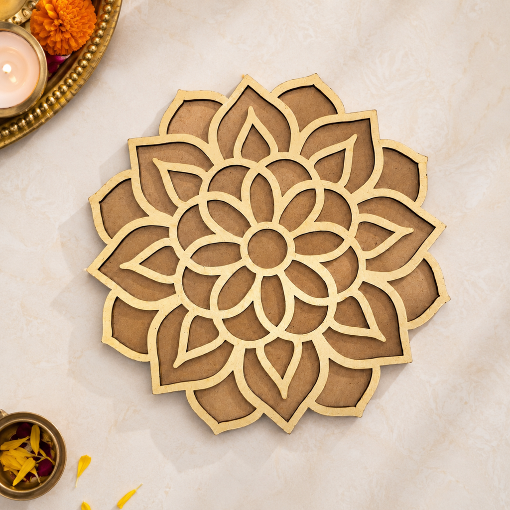 Lotus Rangoli Stencil – 14 cm Round MDF Wooden Cutout Template for Floor Decor, Painting & DIY Craft | Intricate Mandala Art Blank for Diwali, Pooja & Festive Home Decoration