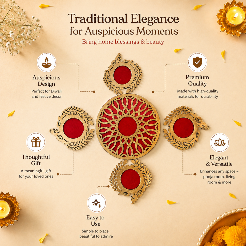 Wooden Rangoli Set for Home Decor | Traditional Akhand Diwa/Pooja Mandir Decoration Item | Festive Diwali & Housewarming Gift | Red & Gold Floor Decal Accents