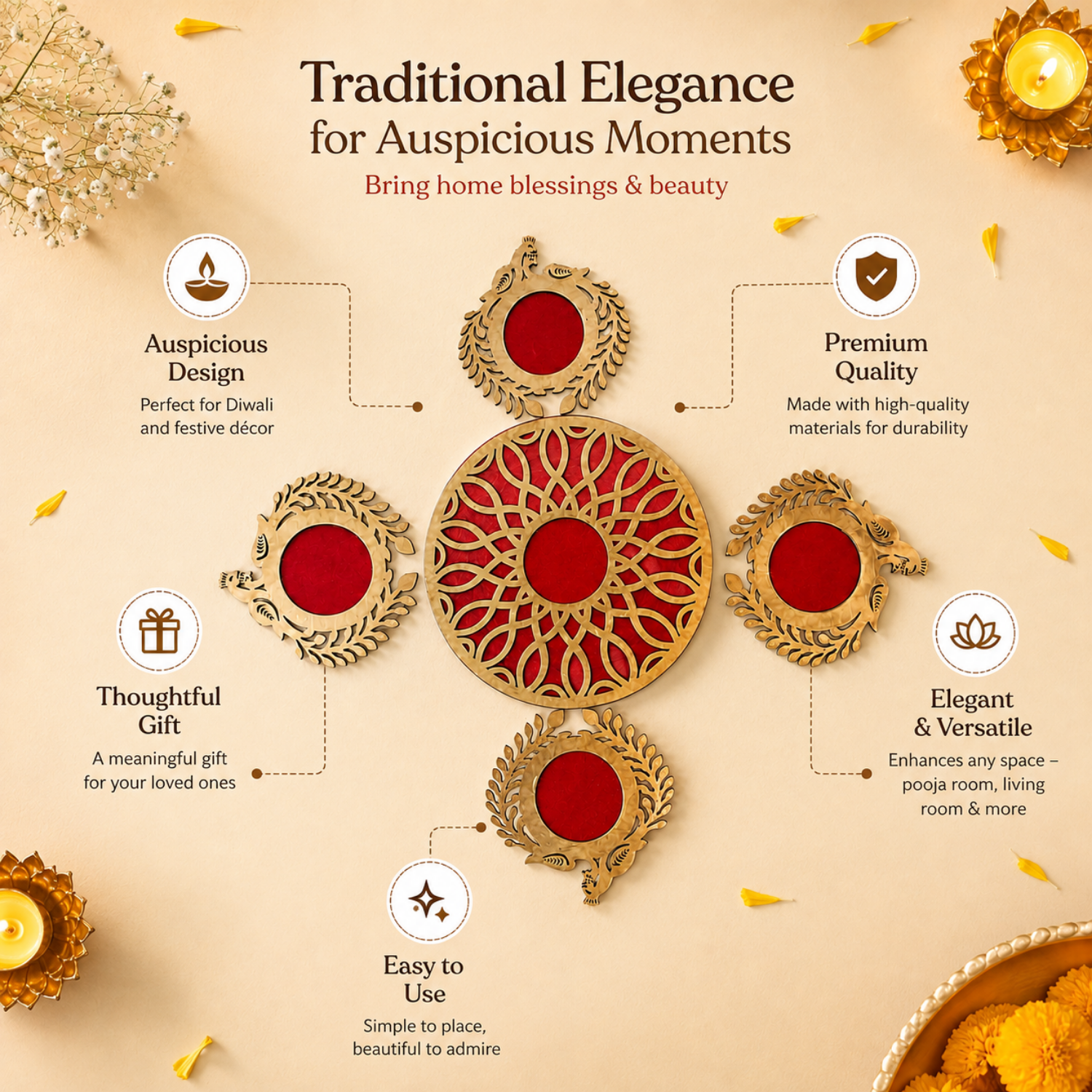 Wooden Rangoli Set for Home Decor | Traditional Akhand Diwa/Pooja Mandir Decoration Item | Festive Diwali & Housewarming Gift | Red & Gold Floor Decal Accents