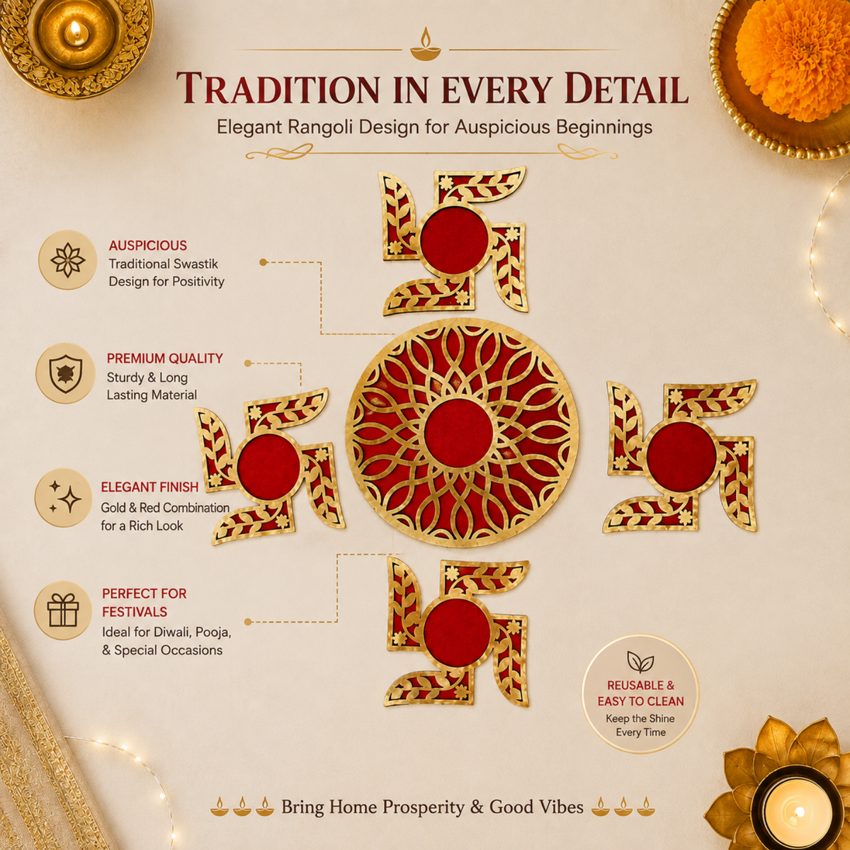 Wooden Swastik Rangoli Set for Home Decor | Traditional Akhand Diya & Pooja Mandir Decoration Items | Festive Diwali & Housewarming Gift | Red & Gold Floor Accent