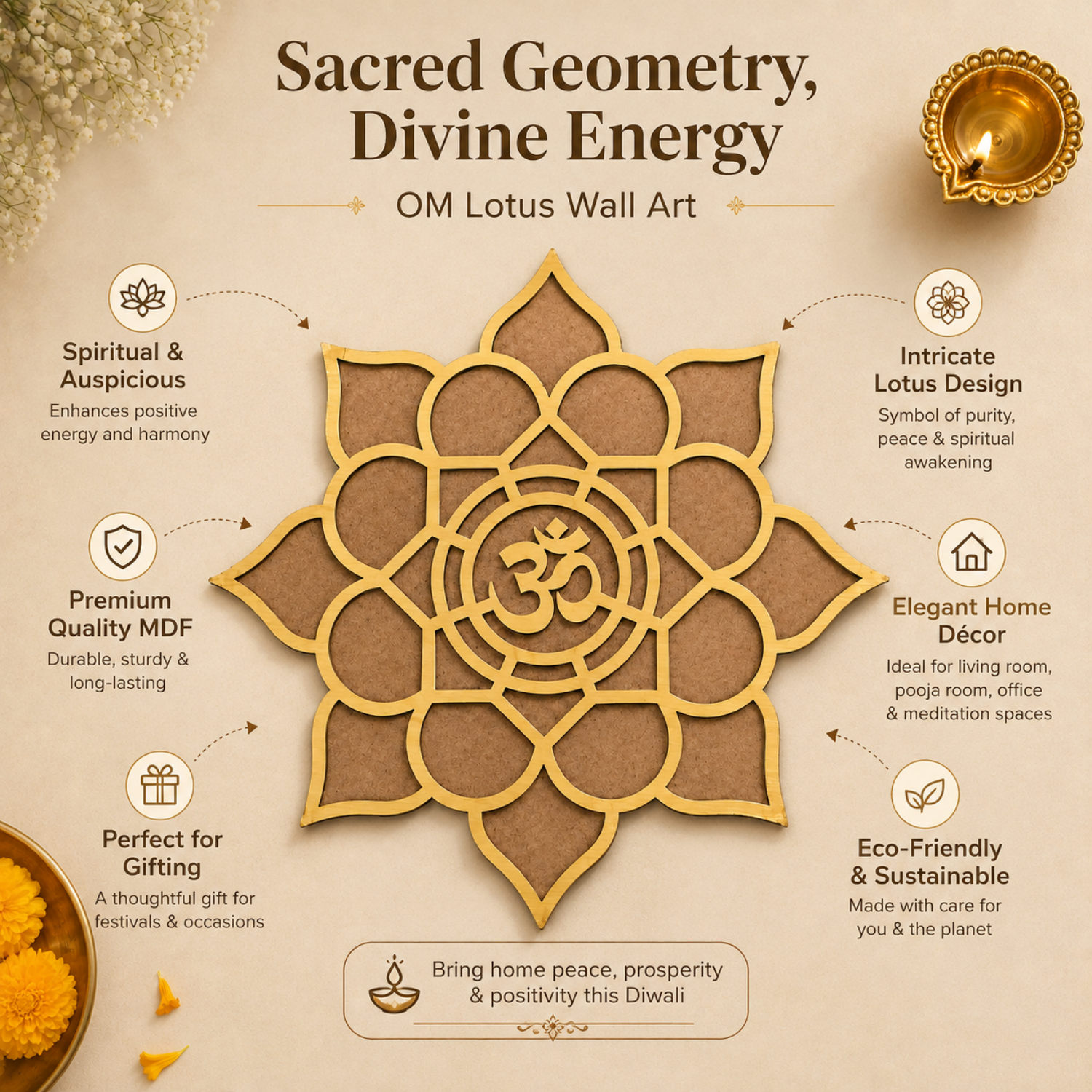 Wooden OM Lotus Wall Art for Home Decor | Sacred Geometry Spiritual Pooja Mandir Decoration Item | Festive Diwali & Meditation Room Accent | Eco-Friendly MDF Hanging Sign