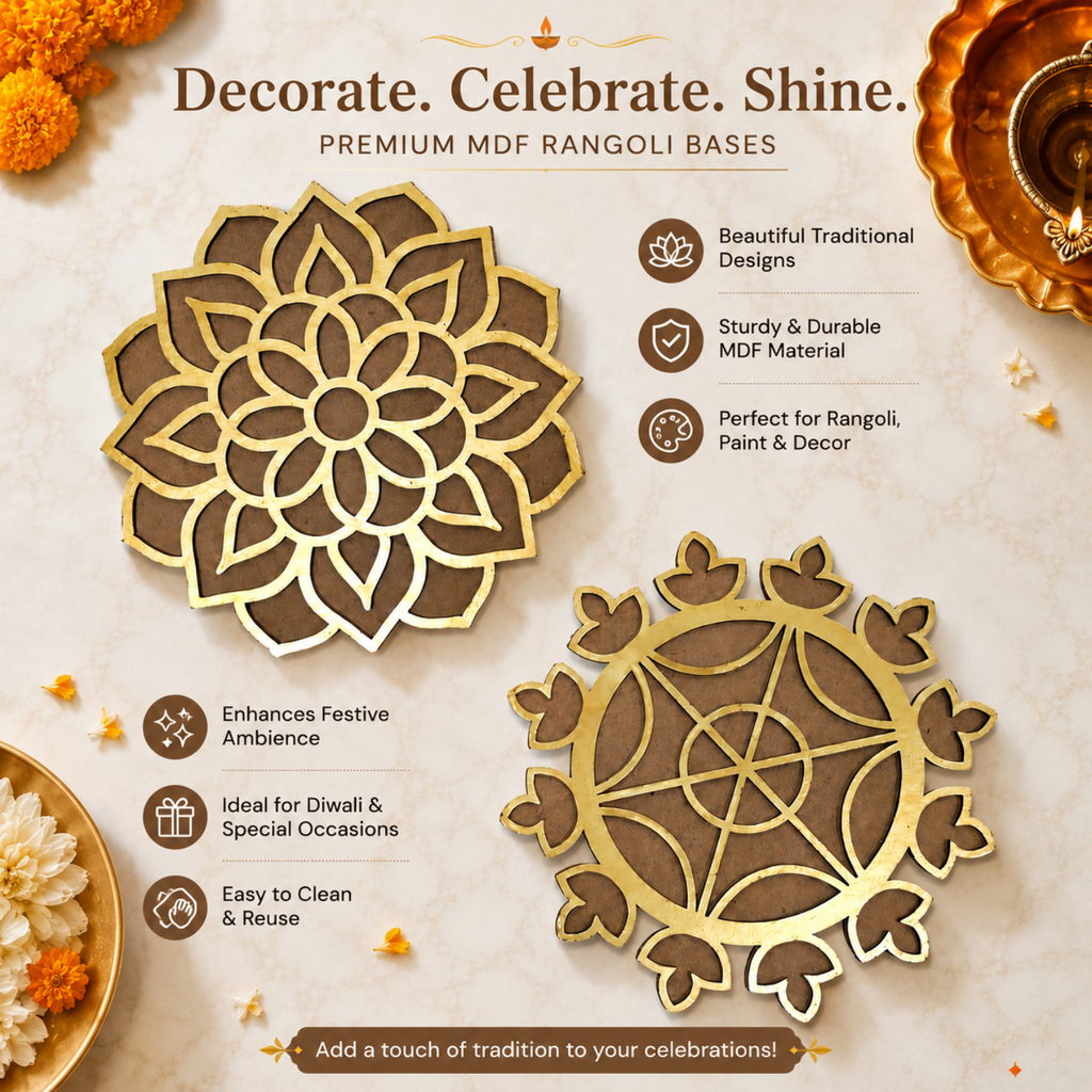 Wooden Lotus Mandala Rangoli Base Cutout for DIY Painting & Diwali Home Decor – 15cm Reusable MDF Stencil Board for Pooja Mandir, Festive Craft Art & Entrance Decoration (Pack of 2)