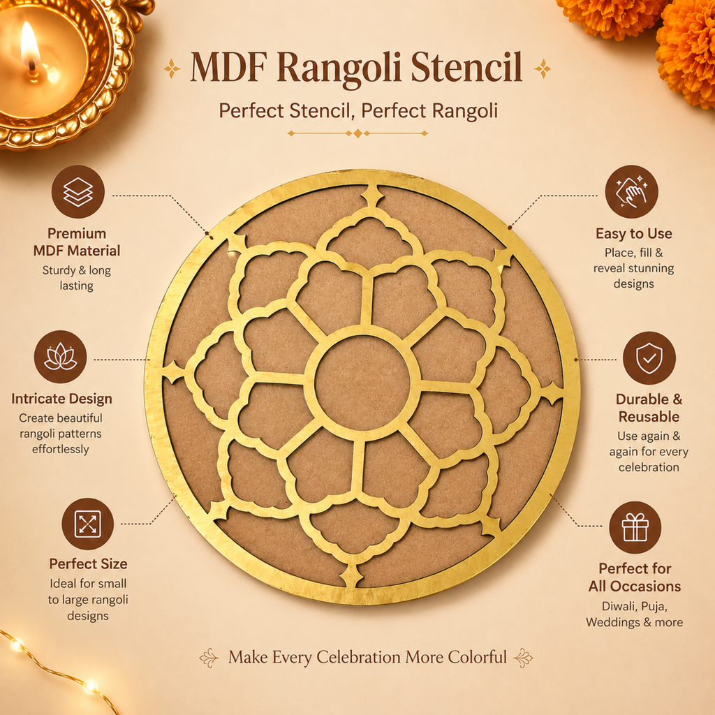 Wooden Rangoli Stencil for Floor Decoration | 15cm Round MDF Mandala Template for Diwali, Pooja Mandir & Festivals | Reusable DIY Colour Fill Art Board for Home Entrance