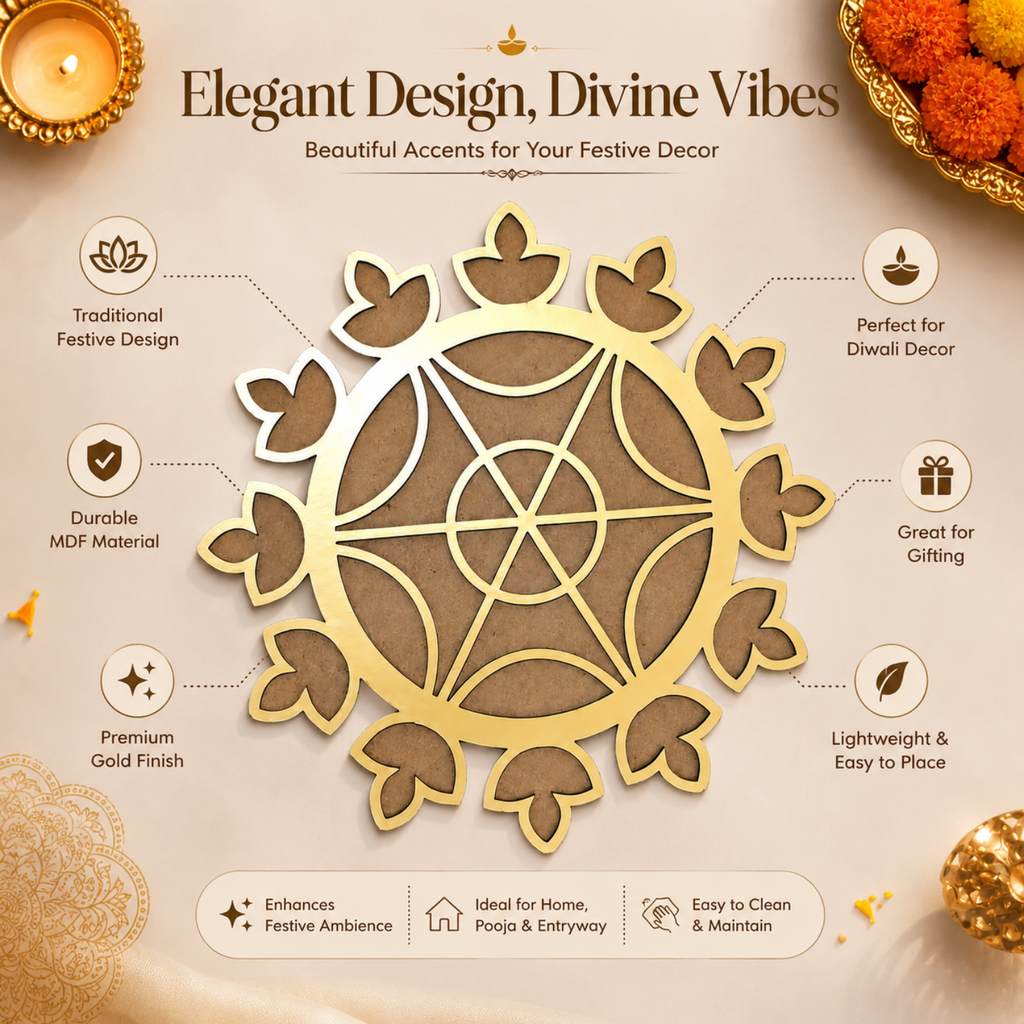 Wooden Rangoli Cutout for Floor Decoration | 20cm Gold Finish MDF Mandala Stencil Template for Diwali, Pooja Mandir, Home Entrance & Festive Craft Art