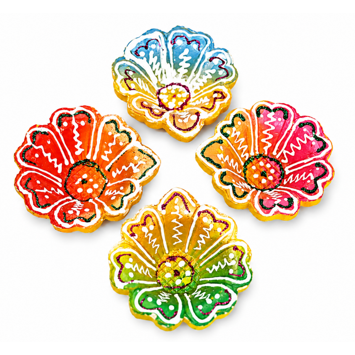 Handcrafted Flower-Shaped Hand-Painted Clay Diyas (Set of 4) – Decorative Colorful Terracotta Oil Lamps for Diwali & Puja